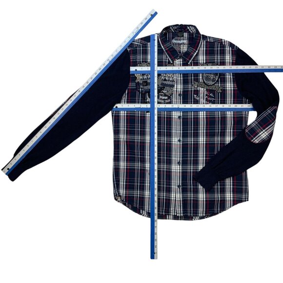 Desigual Button Front Shirt L Blue Plaid Knit Long Sleeve Elbow Patch Graphics - Picture 4 of 11